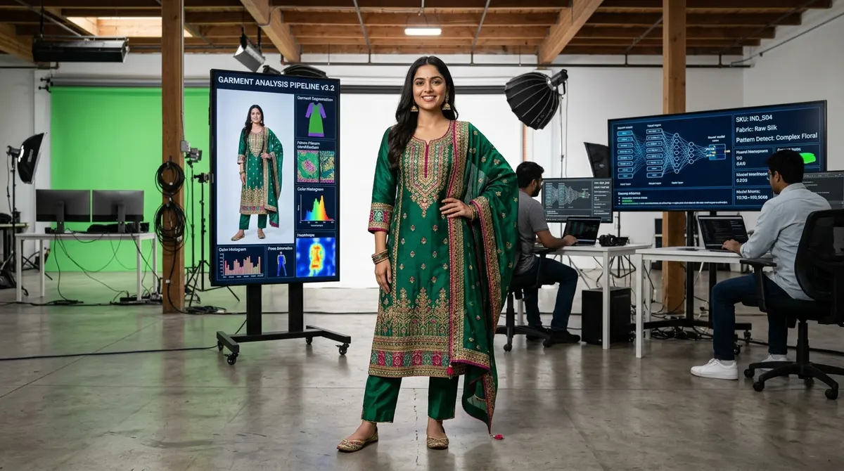 North Indian model wearing embroidered kurta set in professional AI-powered studio photography session