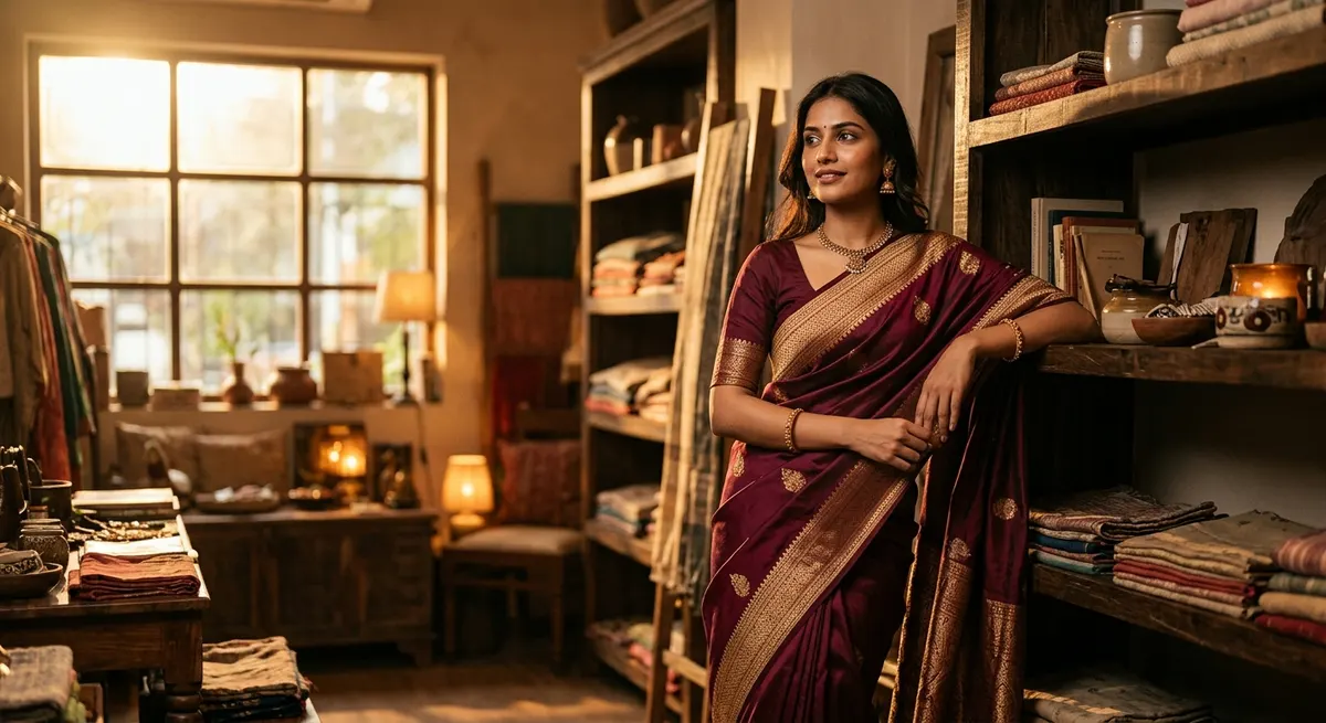 North Indian woman in burgundy silk saree with golden zari border photographed in warm boutique environment demonstrating background-driven lighting