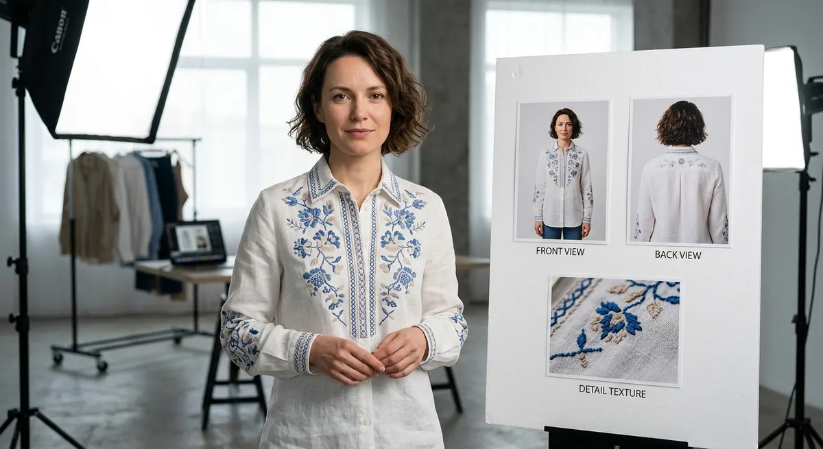 Multi-reference AI photography system showing garment front, back and texture references alongside model wearing white linen shirt