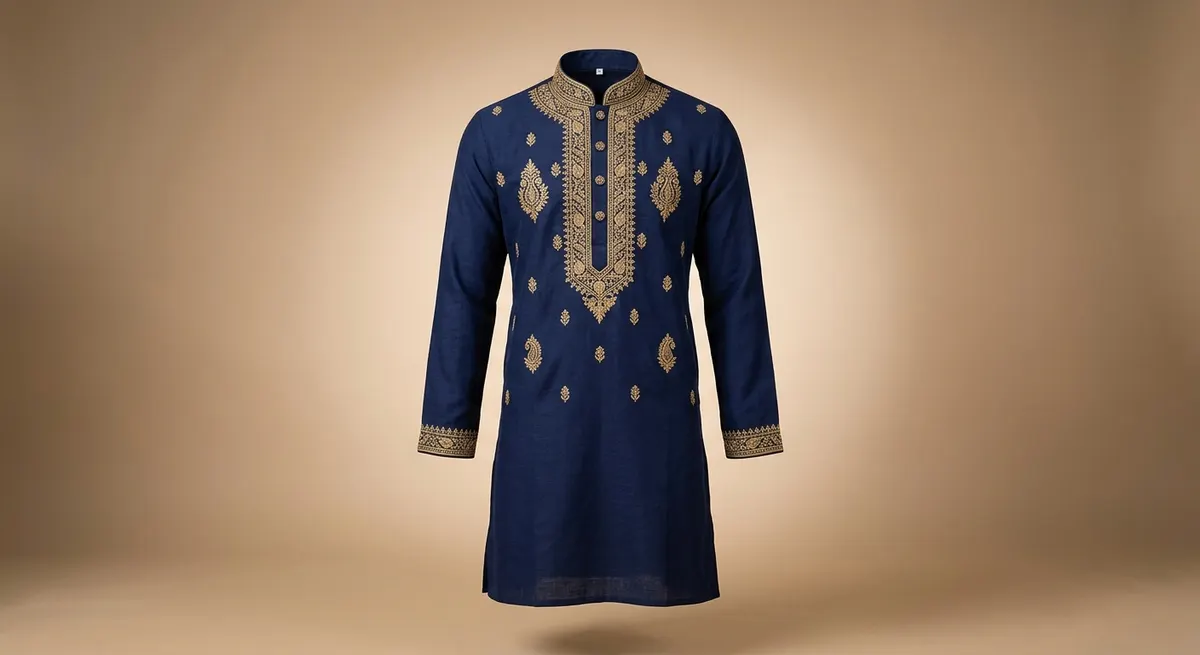 Indian embroidered kurta with background changed from cluttered room to clean white studio using ShotRoom AI background change tool