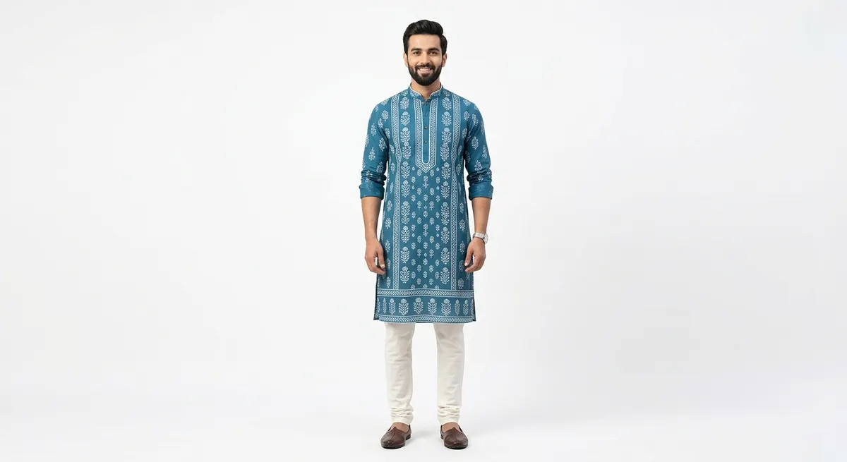 Same kurta product photo with clean professional white studio background applied by ShotRoom AI ready for Myntra listing