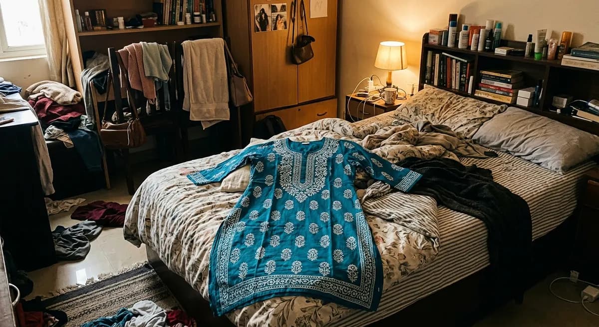 Indian kurta product photo taken in a cluttered bedroom with messy background unsuitable for marketplace listing