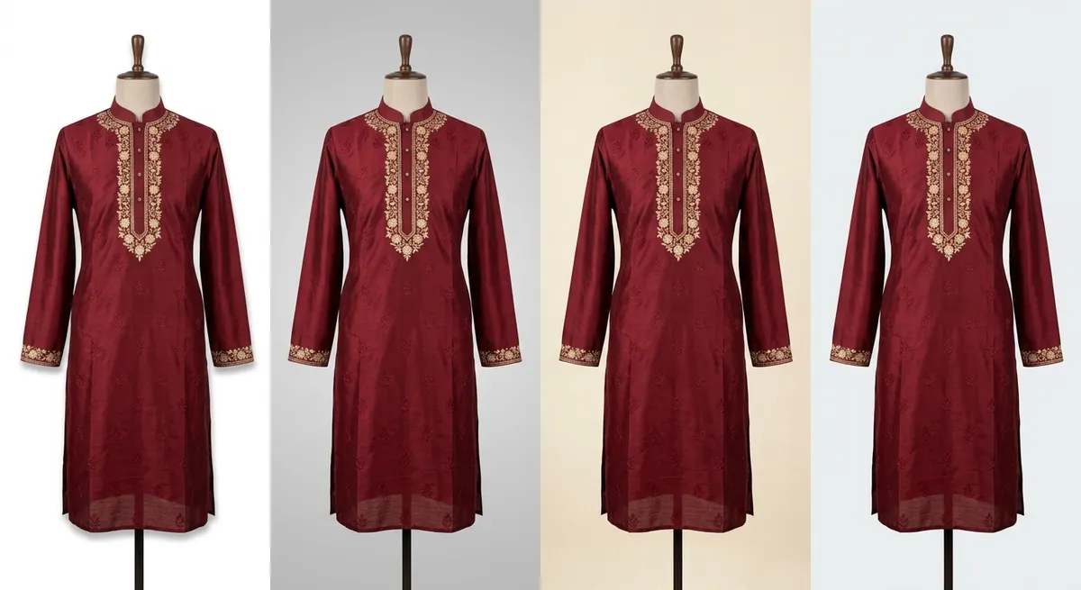Same kurta product photo shown with four different marketplace background presets for Myntra, Amazon India, Ajio, and Meesho compliance