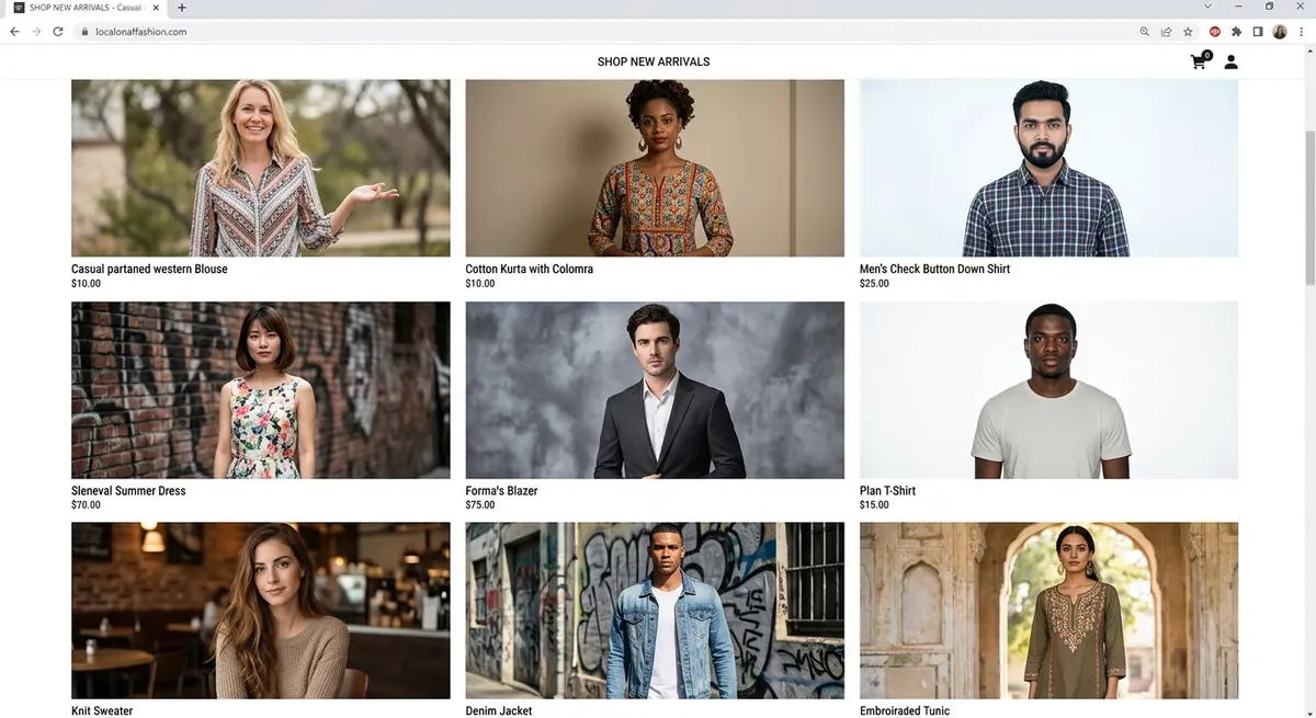 Fashion store catalog before ShotRoom — different models on each listing with inconsistent lighting, skin tones, and photography styles creating unprofessional brand identity