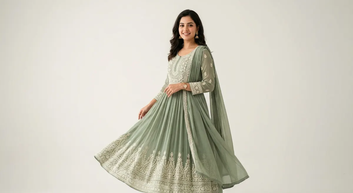 ShotRoom iterative refinement feature — sage green anarkali dress photoshoot showing the ability to adjust pose and lighting while maintaining consistent model identity and credit protection