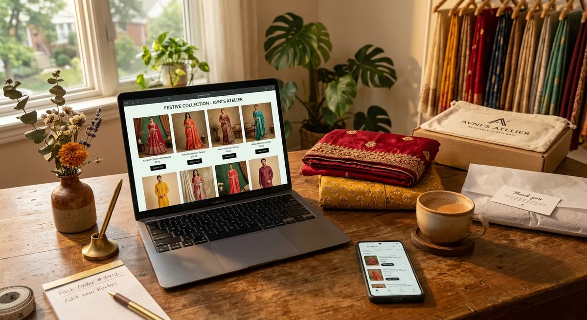 Indian fashion seller workspace with professional catalog photos created using ShotRoom AI photography