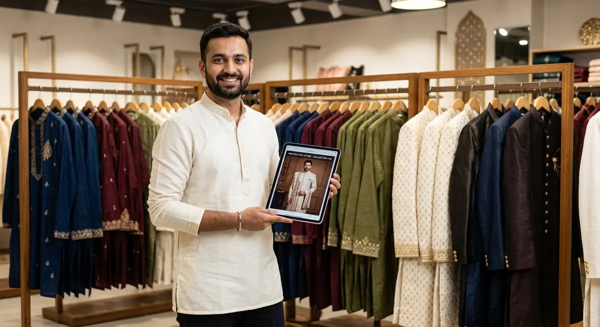Karan Mehta, Surat ethnic menswear seller, standing before organized kurta and sherwani collection