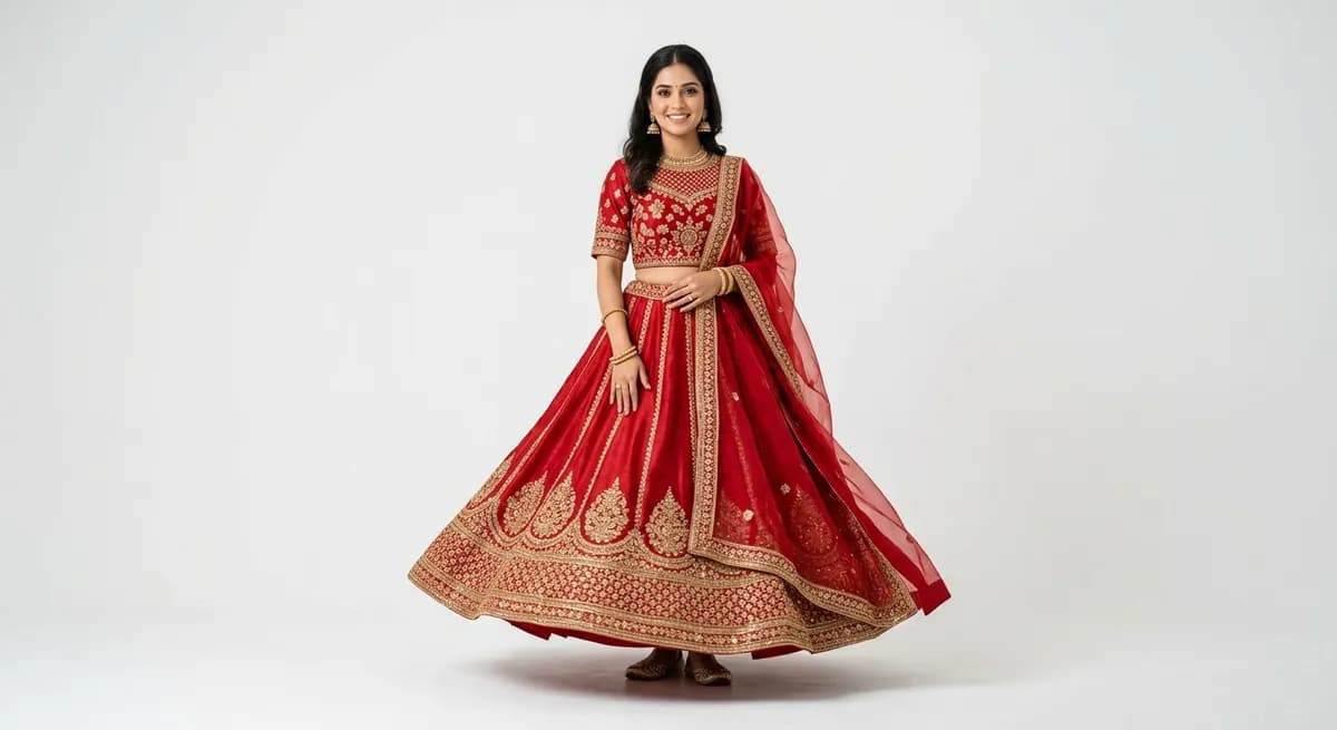 AI-generated professional photography of Indian ethnic wear — North Indian model wearing red silk lehenga with gold zari embroidery, studio lighting, ShotRoom AI photography