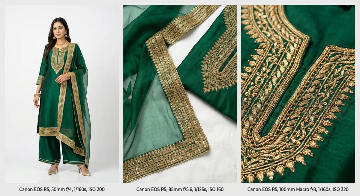 ShotRoom three-category ethnic wear photography system — full outfit pose, component close-up of dupatta border, and macro close-up of gold zari embroidery thread work for complete marketplace listings