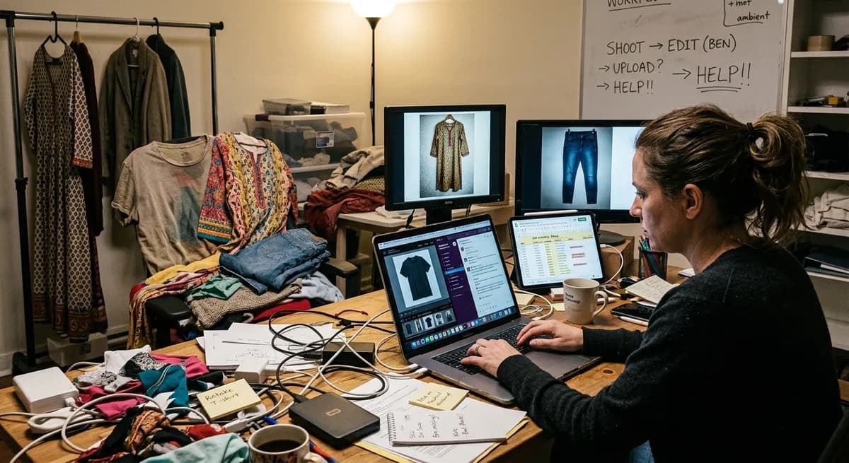 Fragmented fashion seller workflow with multiple disconnected tools, inconsistent photo quality, and cluttered workspace before ShotRoom