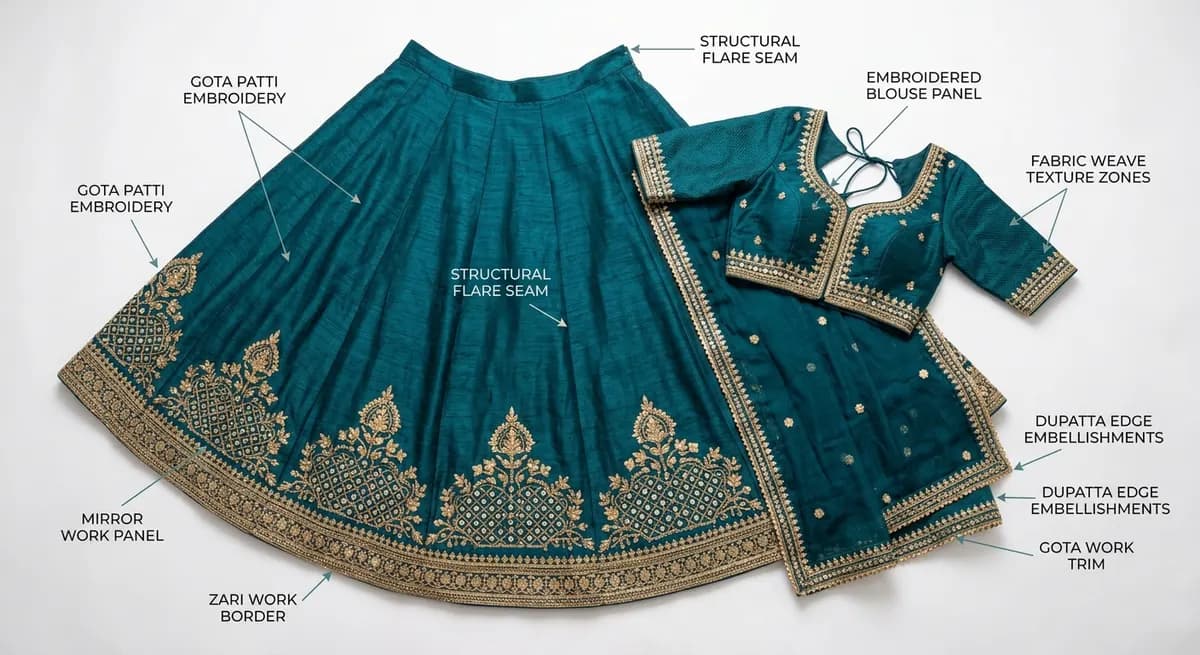 AI structural intelligence analyzing teal lehenga fabric zones, zari embroidery patterns, and structural features for pose planning