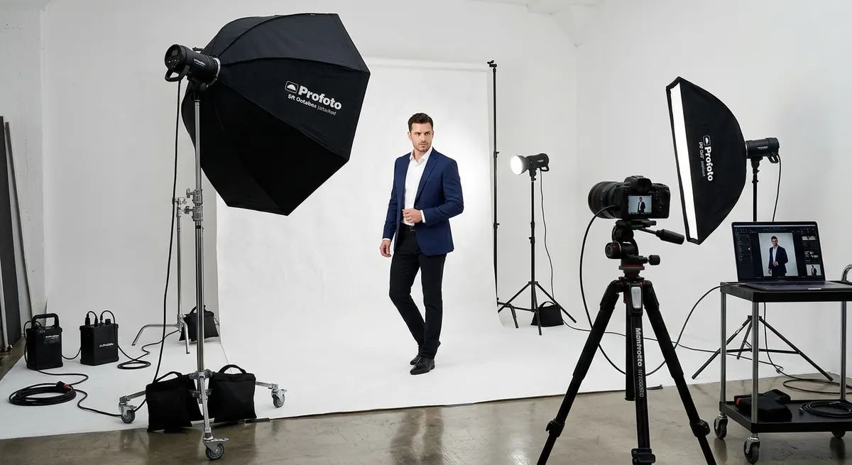 Professional photography studio with Canon EOS R5 camera, three-point lighting setup and male model in navy blazer showing camera specification quality