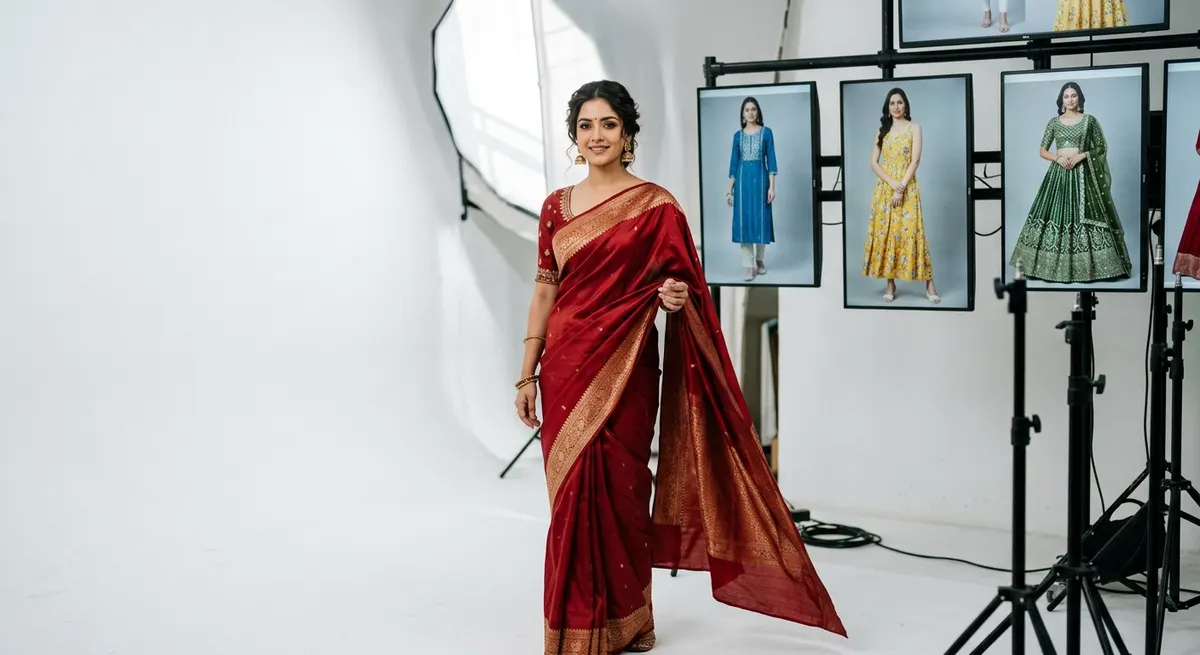 North Indian woman in red silk saree with professional studio catalog showing ShotRoom unified AI platform delivering consistent photoshoot quality