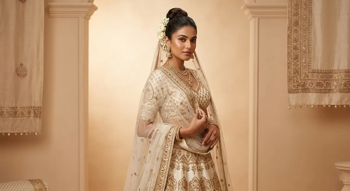 Luxury Indian fashion brand lookbook — AI-generated editorial photography of model in ivory gold lehenga with complete styling for brand catalog