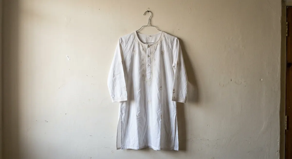 Amateur smartphone photo of a white embroidered kurta hanging on a wire hanger against a plain wall — typical seller before photo