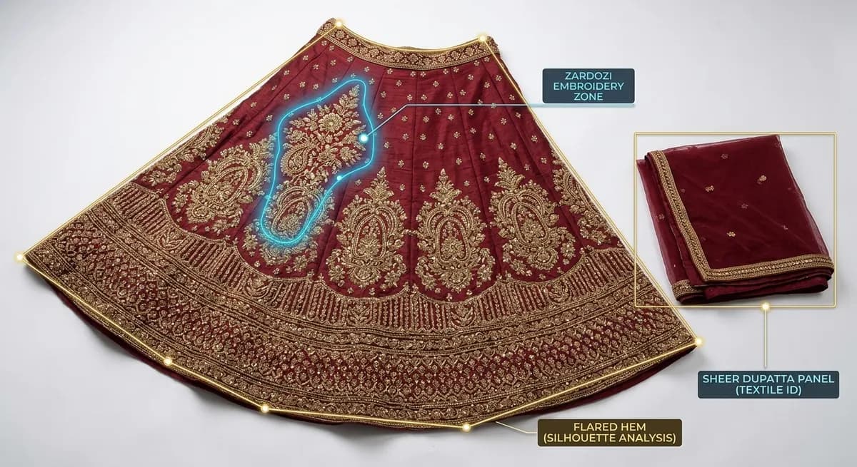 ShotRoom AI garment analysis with computer vision overlays detecting embroidery zones, fabric weight, and structural features on lehenga