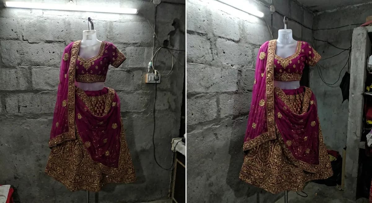 Typical seller listing photo of embroidered bridal lehenga on mannequin — flat lighting, no model, embroidery detail lost