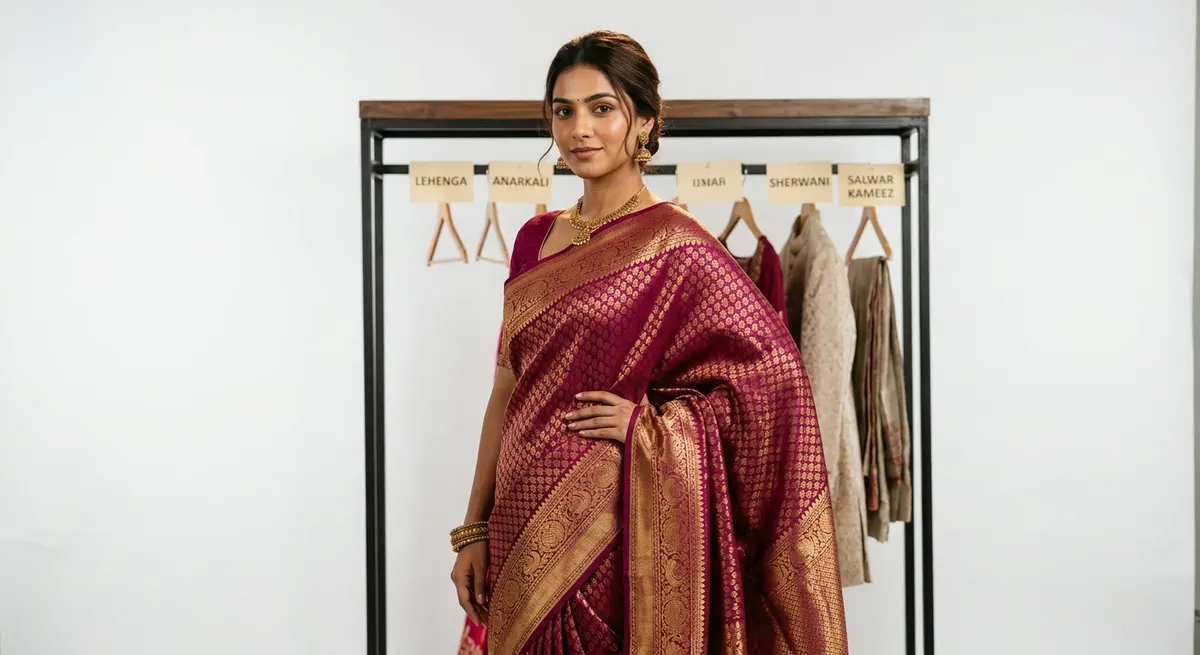 Indian fashion taxonomy in AI — Kanjivaram saree in Nivi drape showing deep domain expertise for lehenga, anarkali, kurta, and sherwani classification