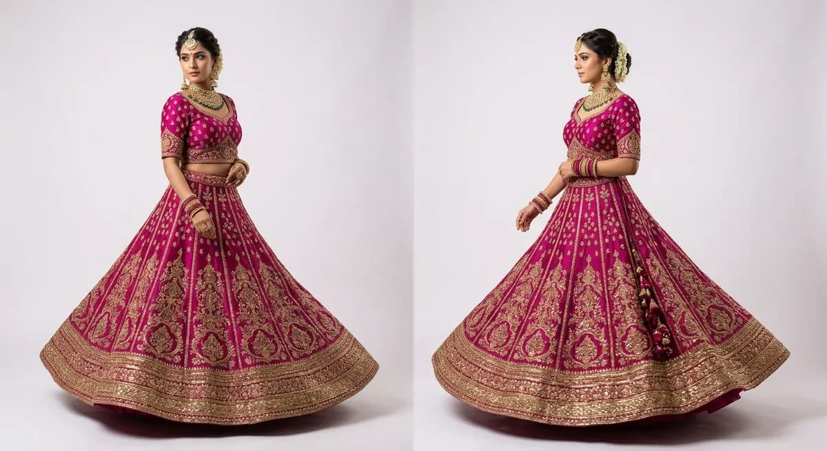 ShotRoom AI professional editorial shot of bridal lehenga on styled North Indian model — gota patti embroidery visible, full drape and movement shown