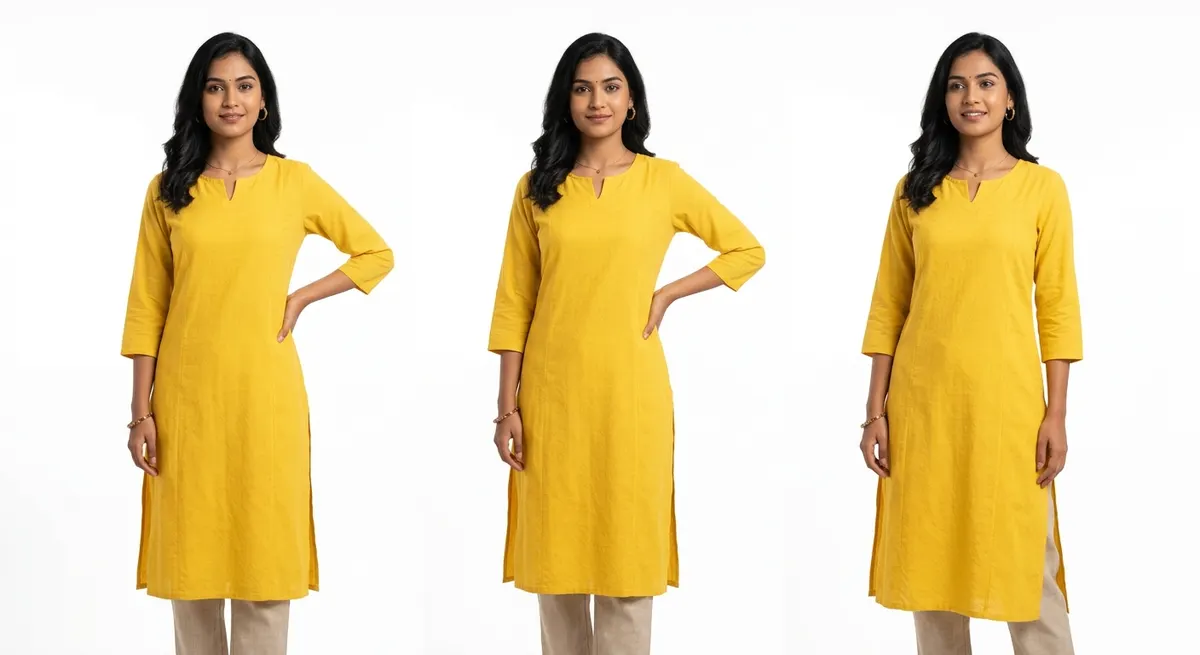 Approved marketplace listing: same yellow cotton kurti on North Indian model with pure white studio background, professional three-point lighting, and sharp garment detail — passes marketplace quality gate