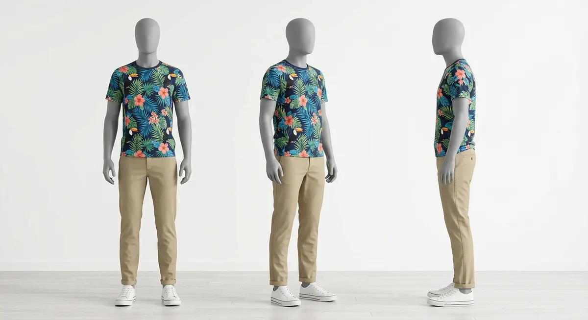 Neutral clay mannequin in three poses showing ShotRoom free pose preview before spending credits on AI model generation