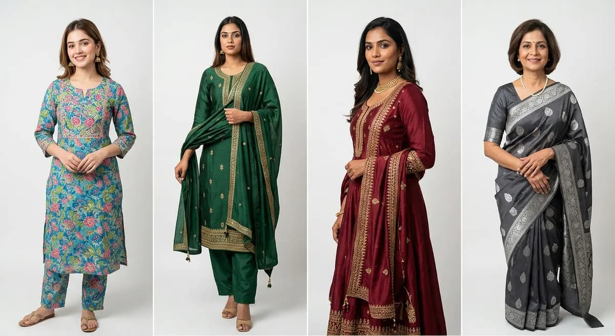 ShotRoom diverse Indian model library showing four female models with fair to deep South Asian skin tones in traditional fashion