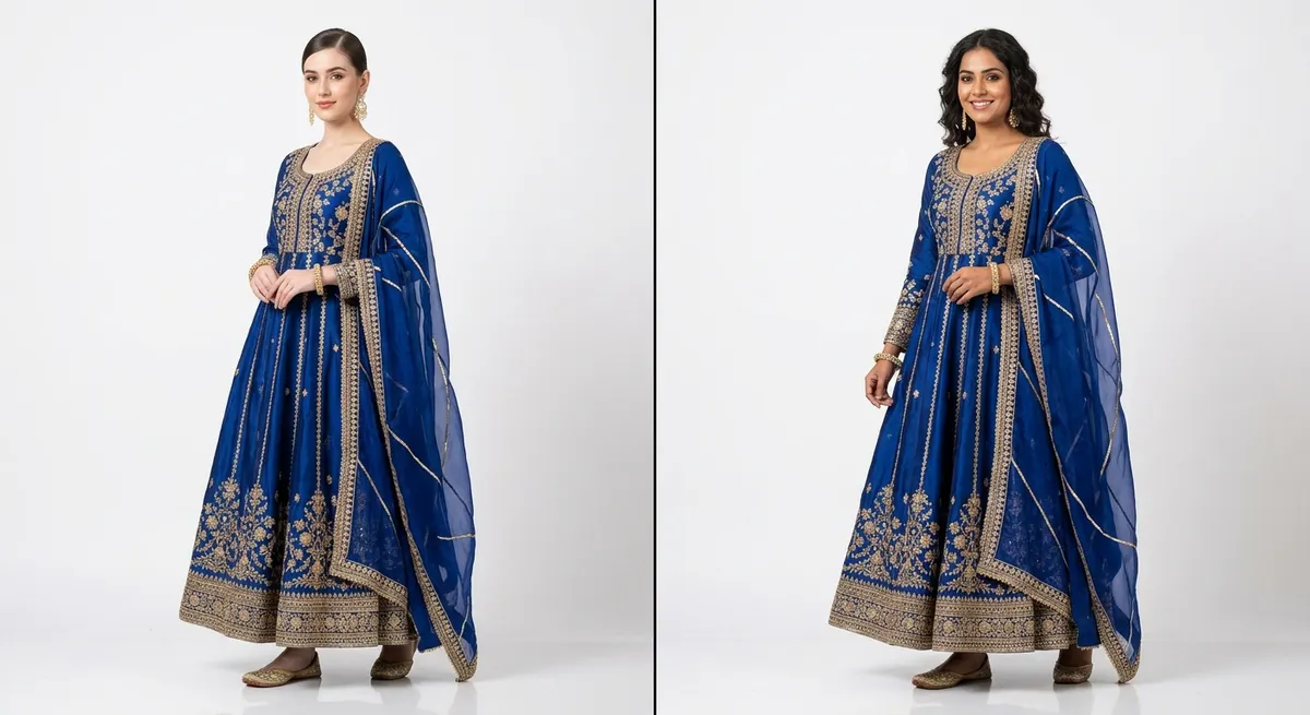 Same embroidered anarkali kurta worn by two different North Indian models showing identical garment fidelity across model swap