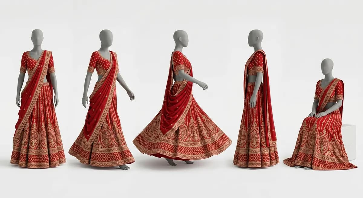 Bridal lehenga rendered on neutral clay mannequin in five different poses for free preview before ShotRoom AI final generation
