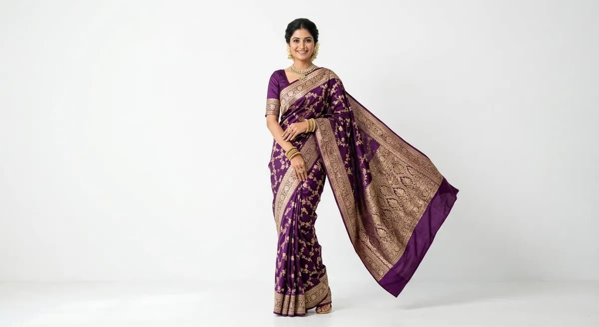 Saree-specific pose showing pallav drape over shoulder with pleats visible — garment-aware pose from ShotRoom pose library