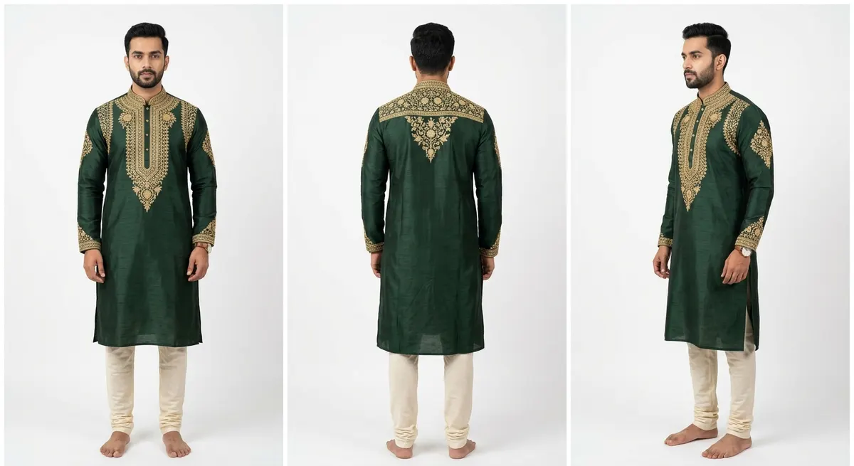 Embroidered kurta shown from front, back, and three-quarter angle on the same model generated by ShotRoom AI pose studio