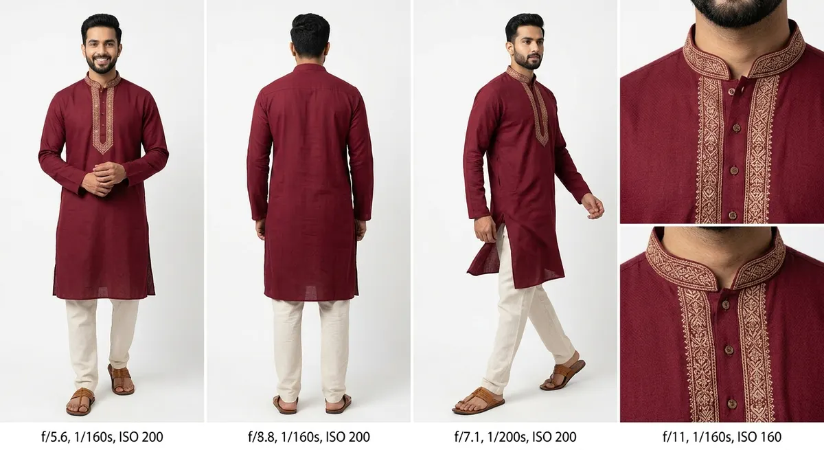 Same kurta shown in five different model poses — front, back, walking, editorial, detail — generated by ShotRoom pose studio