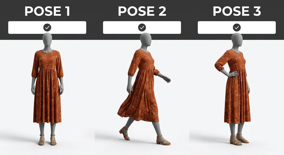 Three matte mannequin silhouette pose previews in ShotRoom showing full-length standing, walking, and three-quarter poses for validation before AI image generation