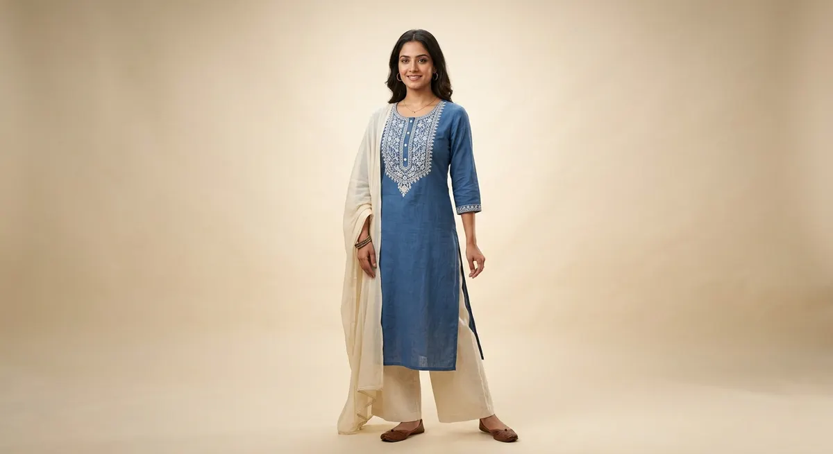 Professional AI-generated virtual photoshoot result from ShotRoom showing the same kurta worn by a confident North Indian woman with professional three-point studio lighting