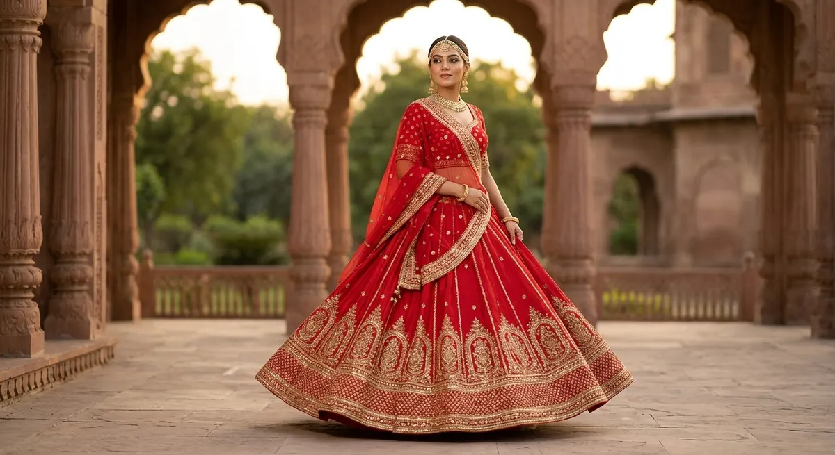 AI-generated virtual photoshoot showing a confident North Indian woman in a red bridal lehenga with gold zari embroidery, shot in professional studio lighting — no physical studio required