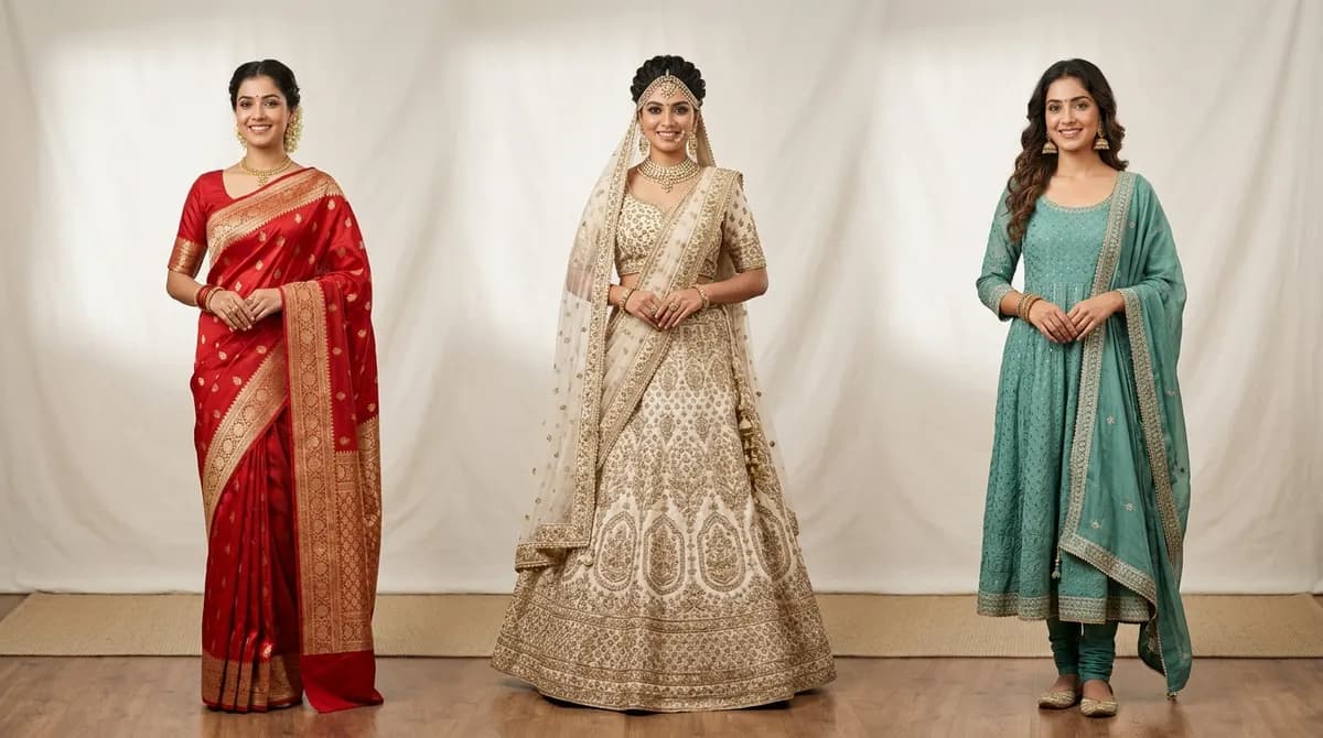 AI-generated professional photography for Indian ethnic wear — saree, bridal lehenga, and anarkali editorial shots on North Indian models in studio lighting