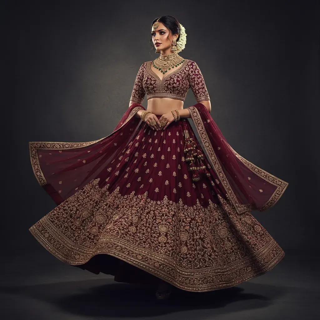 Professional model wearing lehenga in studio setting